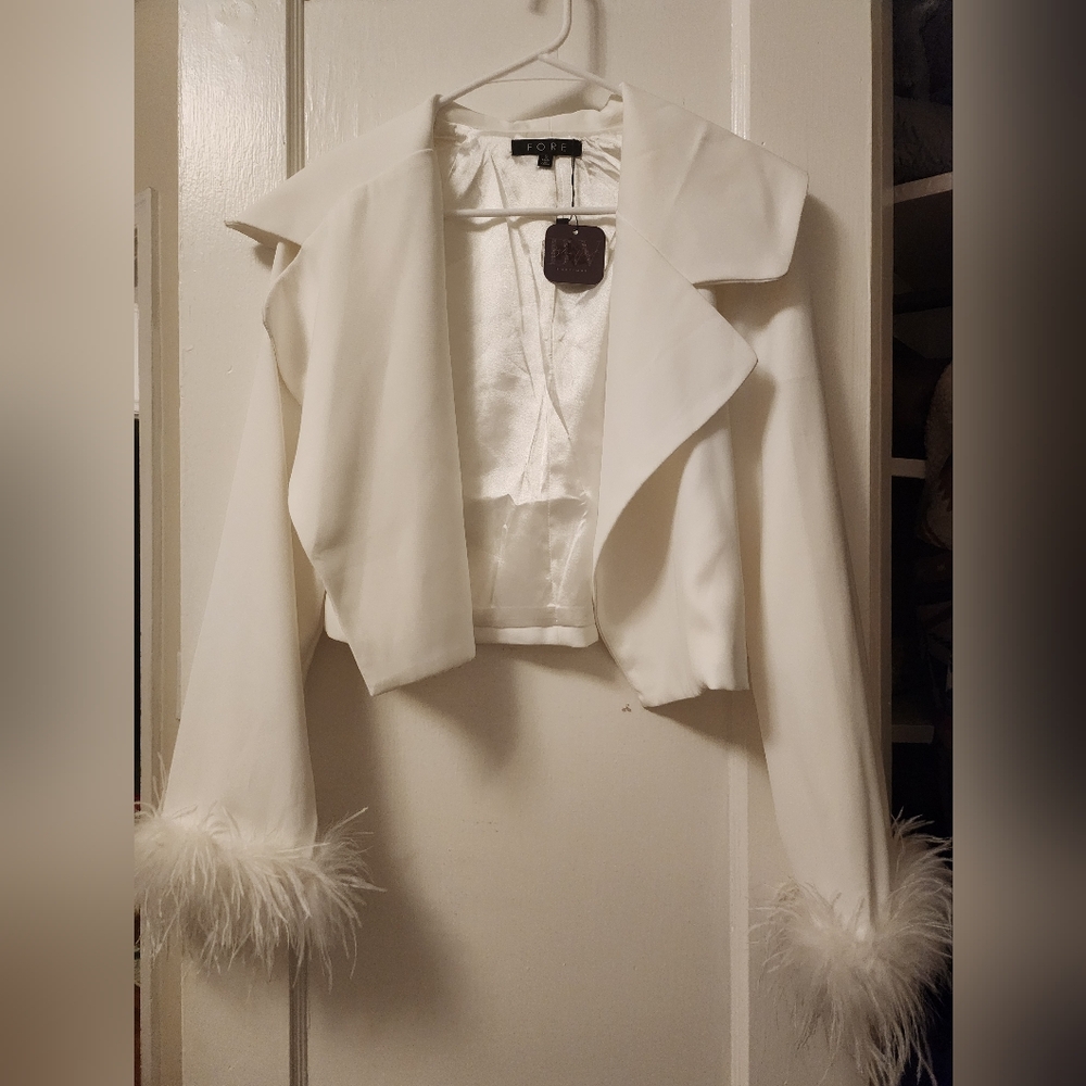 White Feather Trim Jacket crop blazer